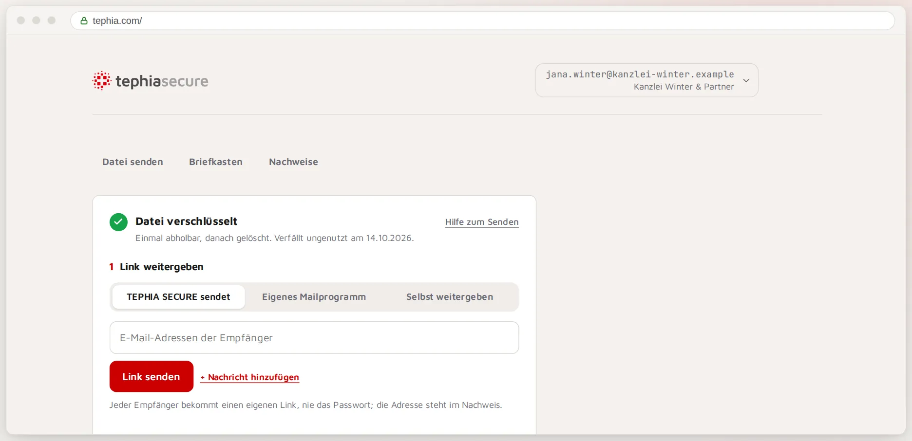 TEPHIA SECURE: Datei verschlüsselt, Link an Empfänger senden